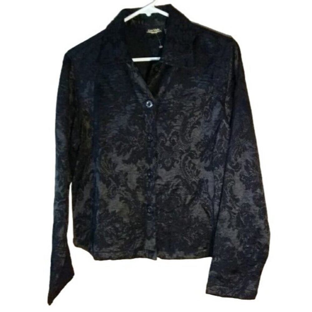 Sara Studio Jacket Shacket Womens PS Black Paisley Button Down